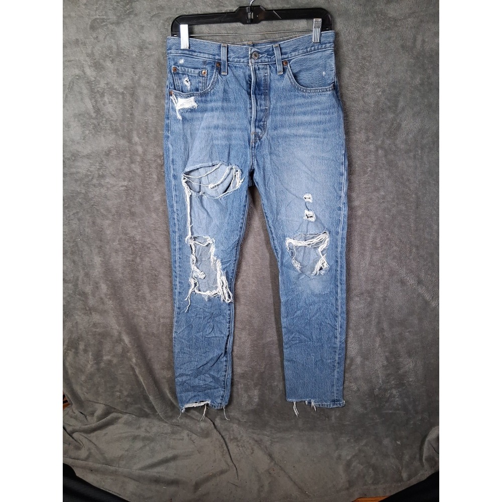 Levis 501 Women's 28x30 Blue Premium Big E Distressed High-Rise Button Fly